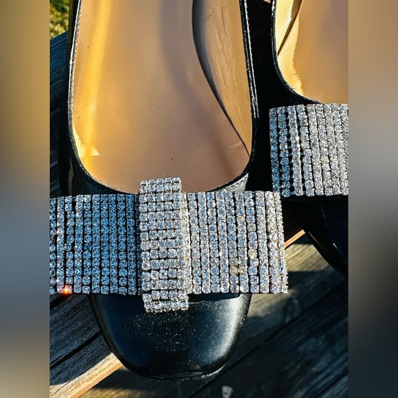 Kate Spade Black Dina Patent Kitten Heels Big Bling Bow on Toe. Sz 6b FLASH SALE - Picture 5 of 8